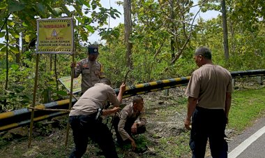 Polsek-noemuti-Pasang-Papan-Himbauan-di-Lokasi-Longsor-Hutan-Jati-Oeluan,-Pengguna-Jalan-Diminta-Waspada