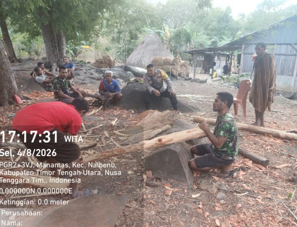 Wujud Kepedulian Polri, Bhabinkamtibmas Polsek Naibenu Dampingi Warga Mengatap Rumah Adat Teme.